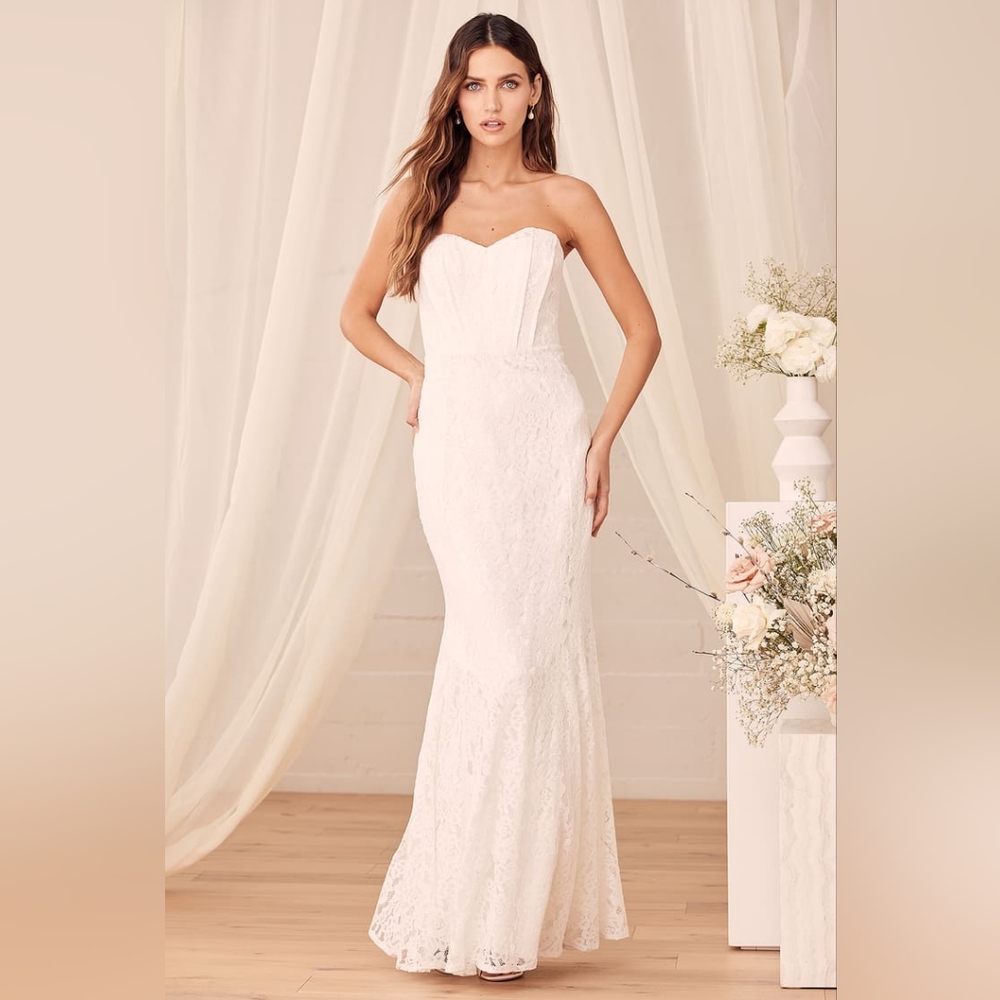 Lulu's Always Believe White Floral Lace Strapless Mermaid Maxi Dress XS